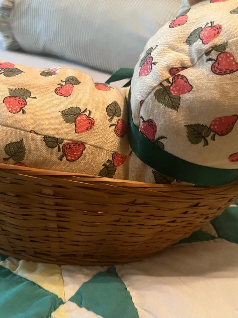 Handmade Plush Strawberry Cat Cream with Red Strawberries in basket